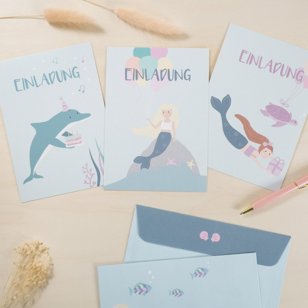 Einladungskarten Set zum Kindergeburtstag - Meerjungfrau